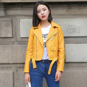 484 Ftlzz Hot Selling Faux Leather Women's Bright Colors Motorcycle Coat Jacket