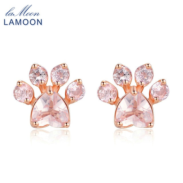 682 Lamoon Bear's Paw Natural Rose Quartz Gemstone 18K Sterling Silver Stud Earrings