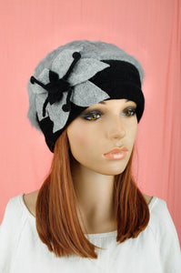 372 Cute Flower Winter Warm Gray Rabbit Fur & Wool Black Brim Dress Hat Beanie