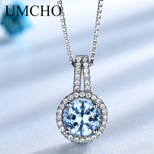 Load image into Gallery viewer, 1078 UMCHO Blue Topaz Gemstone Cz Accents Sterling Silver Halo Pendants Necklace