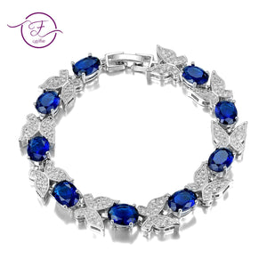 463 FCGJHW Jewelry Cut Aquamarine Gemstones CZ Accent Chain Link Bracelet