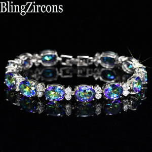 237 BEAQueen Trendy Sterling Silver Jewelry Big Oval Cut Blue Cubic Zirconia Bracelets