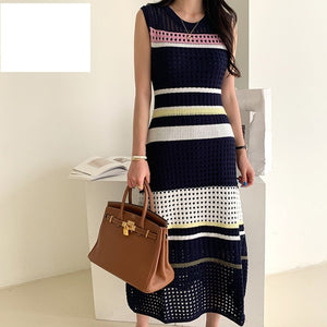 923 RHCNMAY Women's Sleeveless Hollow Out Knitted Striped Patchwork Dresses