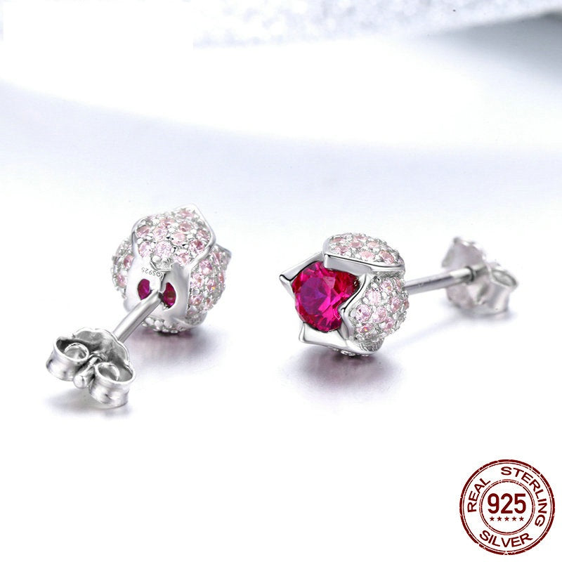 1219 WOSTU Sterling Silver Plated Paved Setting Sparkling Red Tulip AAA CZ Earrings